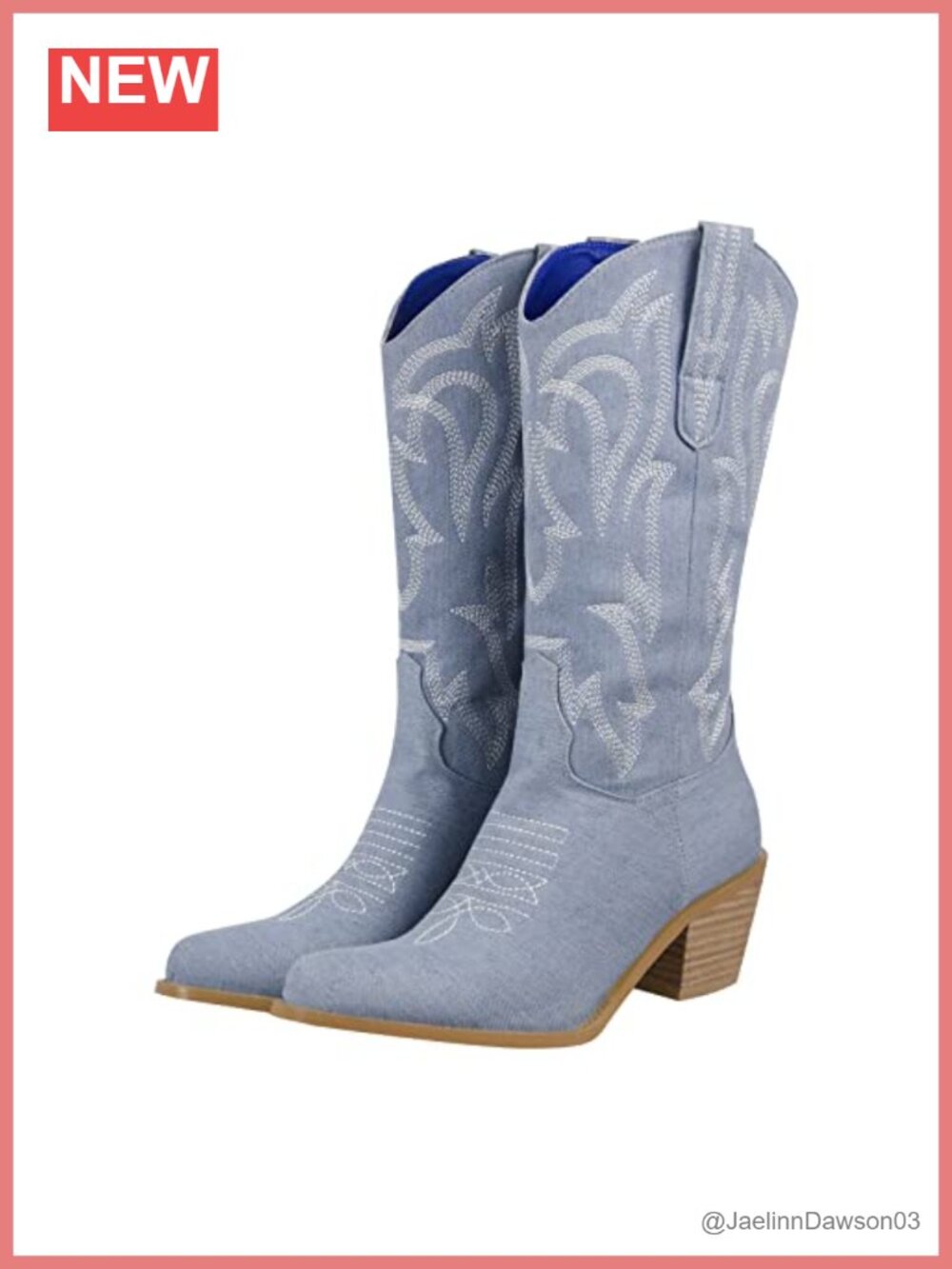 Cowboy Boots for Women Embroidered Mid Calf Western Pull On Tabs Denim
